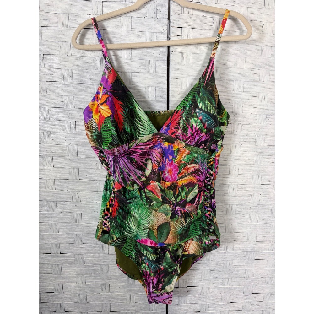 Jantzen‎ Womens Swimsuit One Piece Tropical Floral Jungle Multicolor V-Neck